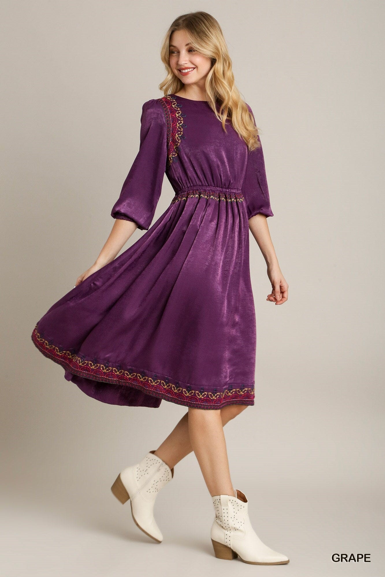 Purple Satin Round Neck Short Balloon Sleeve Embroidery Midi Dress Dresses jehouze S 