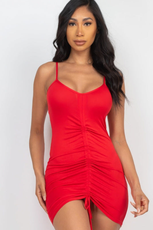 Red Adjustable Ruched Front Detail Bodycon Mini Dress Dresses jehouze S 