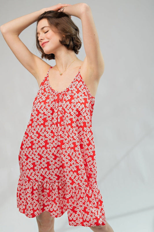 Red Floral Wool Peach Scoop Neck Ruffle Bottom Spaghetti Straps Cami Dress Dresses jehouze S 