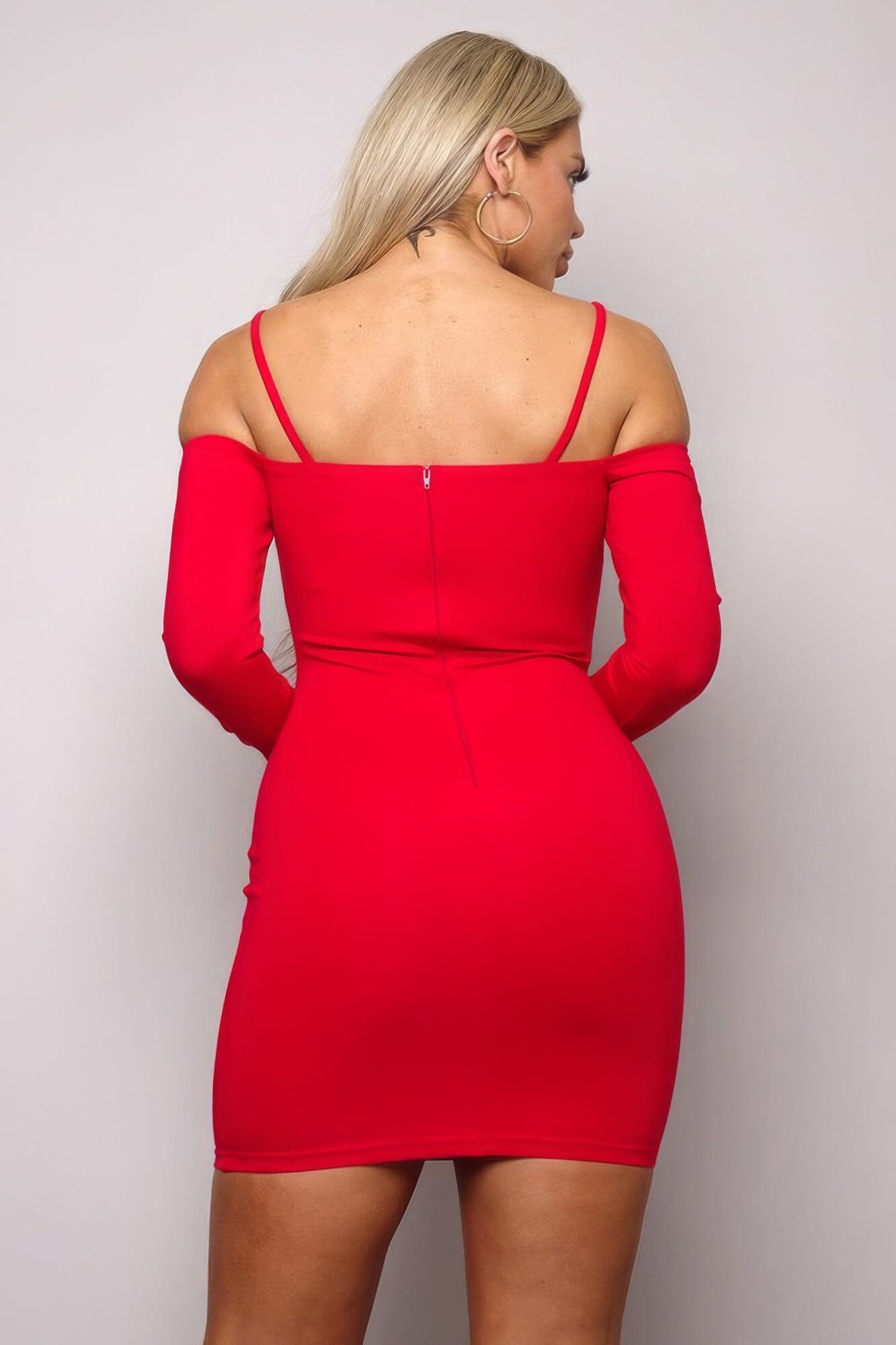 Red Long Sleeve Cuff Front Strap Mini Dress Dresses jehouze 