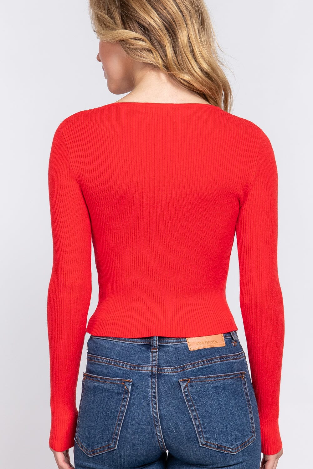Red Long Sleeve V Neck Front Shirring Tie Rib Crop Sweater Shirts & Tops jehouze 