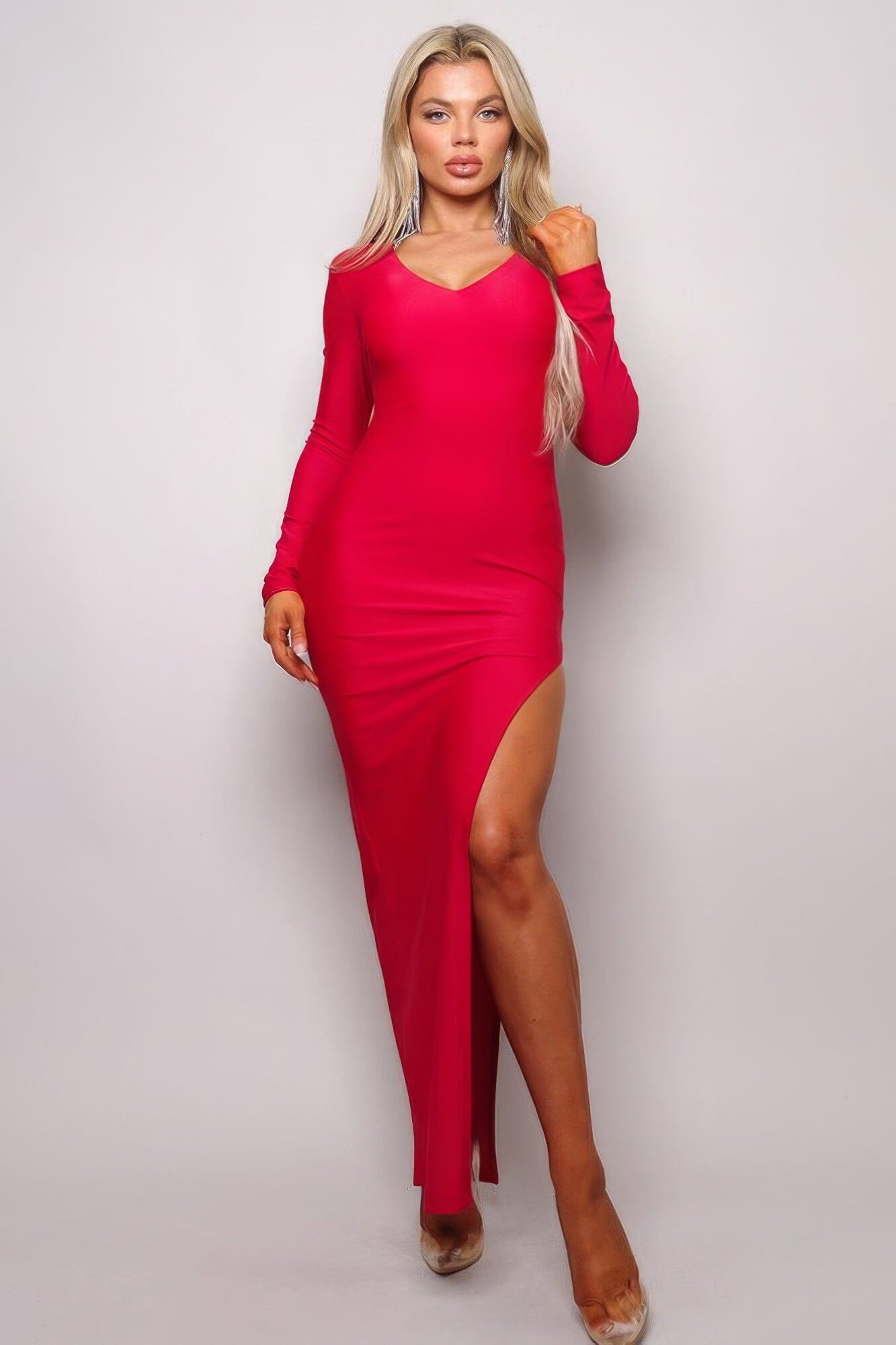 Red Long Sleeve V Neck Open Back Maxi Dress Dresses jehouze S 