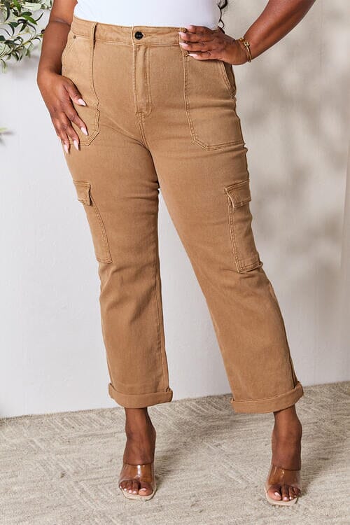 Risen Cocoa Khaki High Waist Straight Jeans with Pockets jeans jehouze 