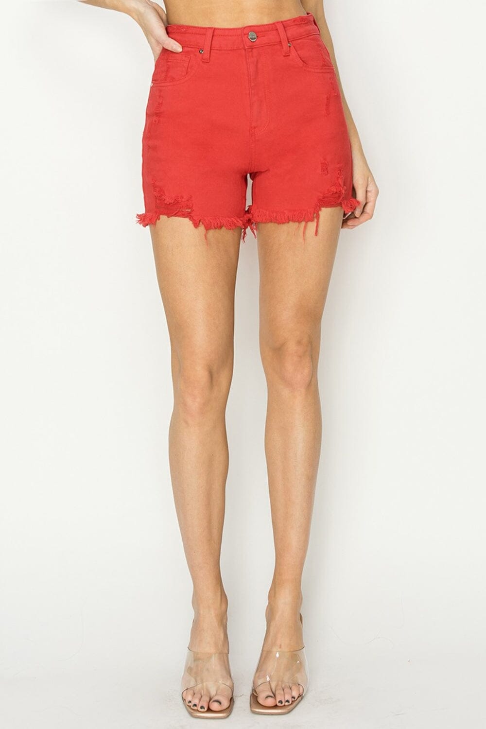 RISEN Fiesta Red High Rise Distressed Denim Shorts Shorts jehouze 