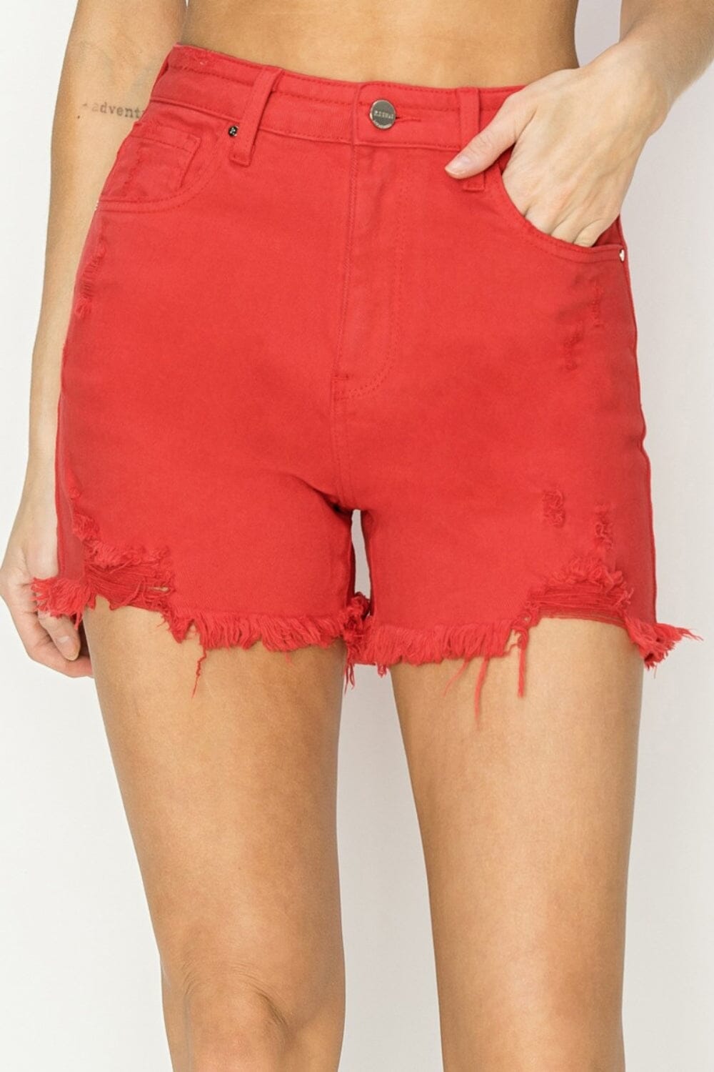 RISEN Fiesta Red High Rise Distressed Denim Shorts Shorts jehouze 