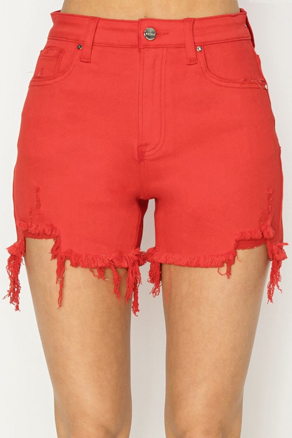 RISEN Fiesta Red High Rise Distressed Denim Shorts Shorts jehouze 