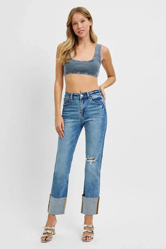 RISEN Full Size High Rise Ankle Straight Wide Cuffed Jeans Plus Size jehouze 