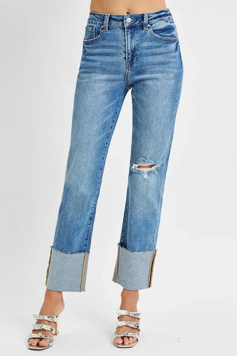 RISEN Full Size High Rise Ankle Straight Wide Cuffed Jeans Plus Size jehouze 