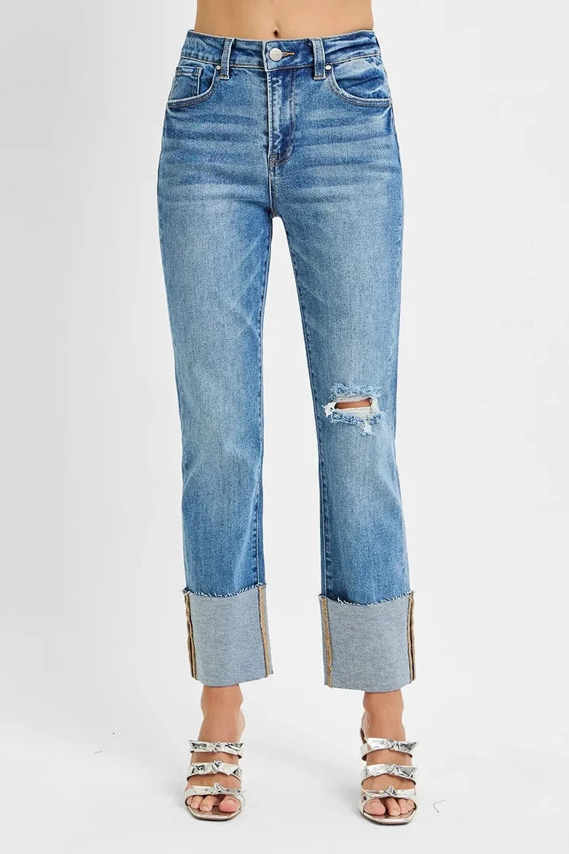 RISEN Full Size High Rise Ankle Straight Wide Cuffed Jeans Plus Size jehouze 