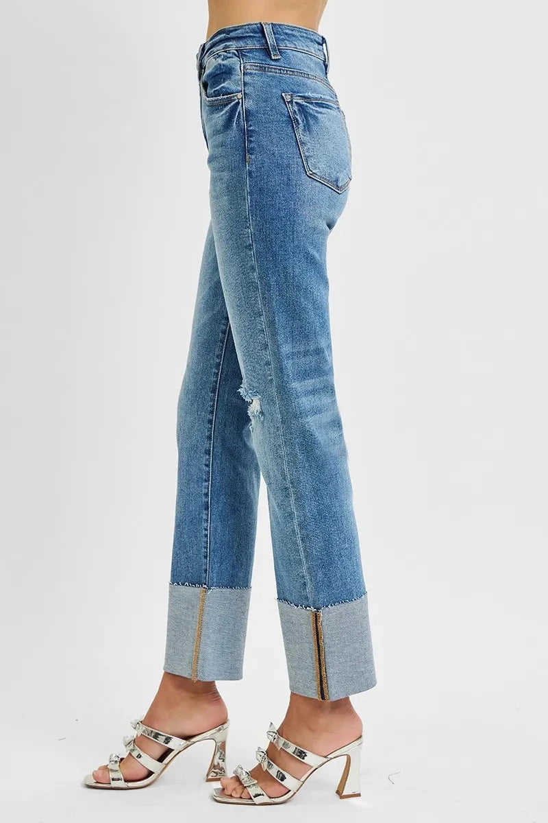 RISEN Full Size High Rise Ankle Straight Wide Cuffed Jeans Plus Size jehouze 