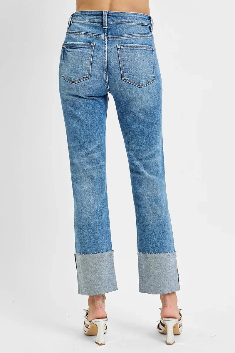 RISEN Full Size High Rise Ankle Straight Wide Cuffed Jeans Plus Size jehouze 