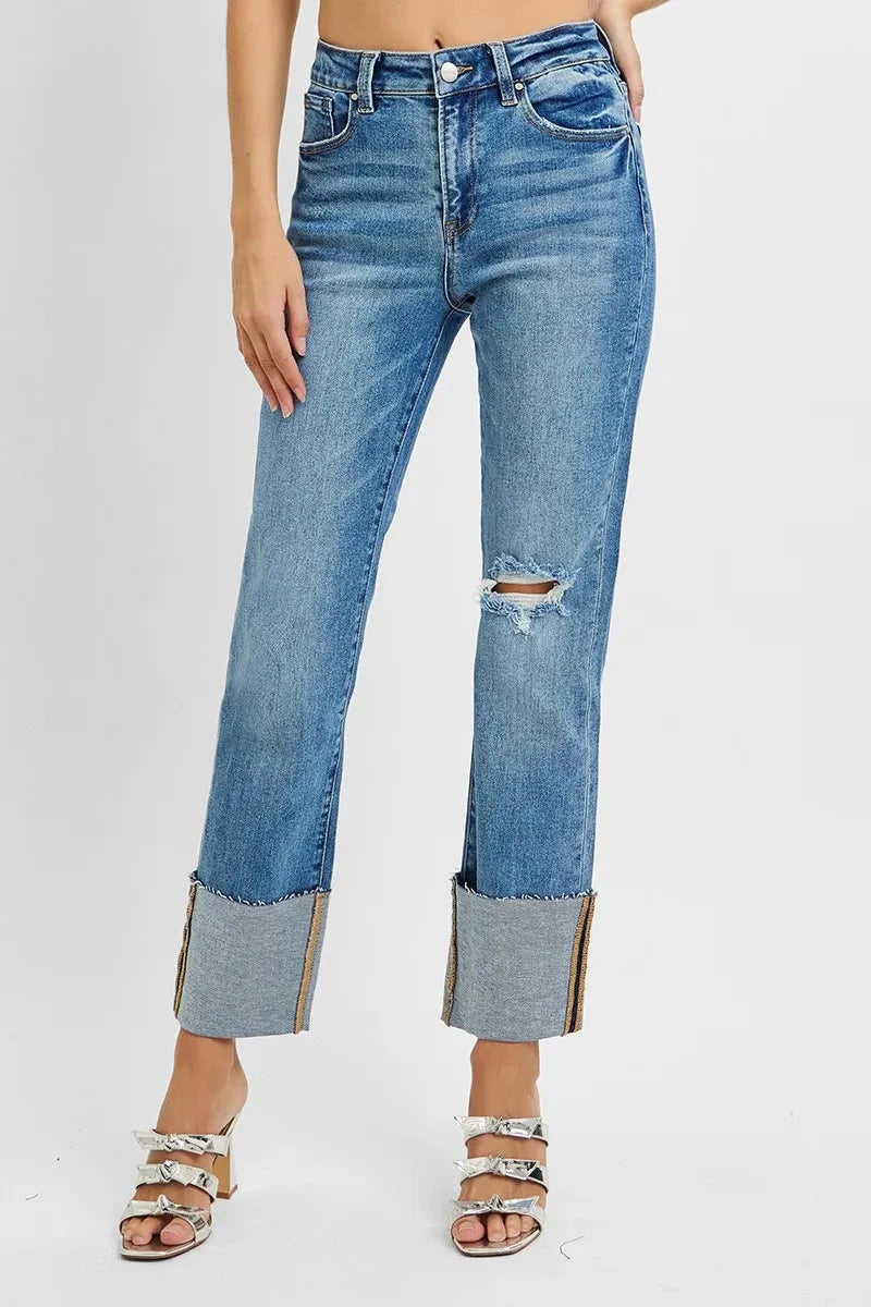 RISEN Full Size High Rise Ankle Straight Wide Cuffed Jeans Plus Size jehouze MEDIUM 0 