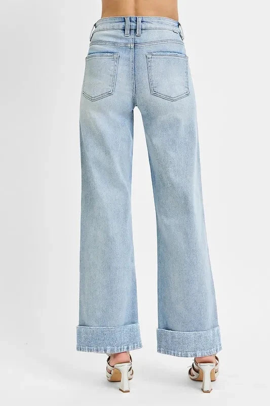 RISEN Full Size Tummy Control High Rise Ankle Wide Cuffed Jeans Plus Size jehouze 
