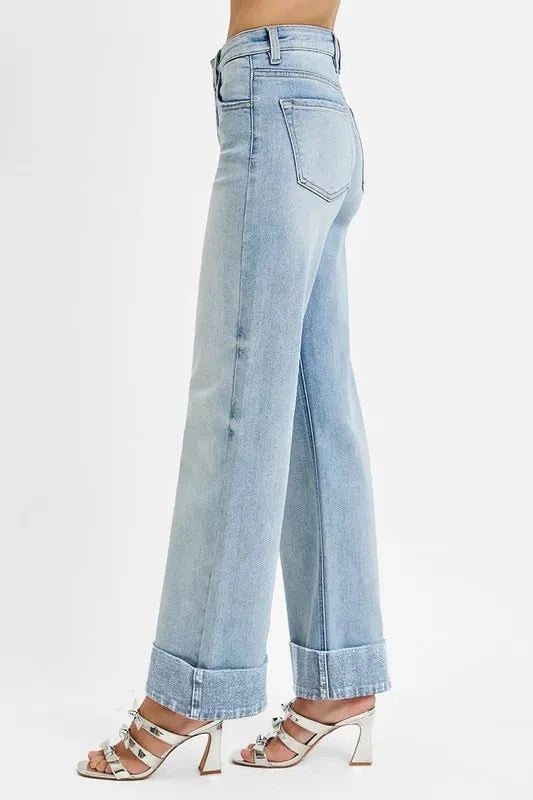 RISEN Full Size Tummy Control High Rise Ankle Wide Cuffed Jeans Plus Size jehouze 