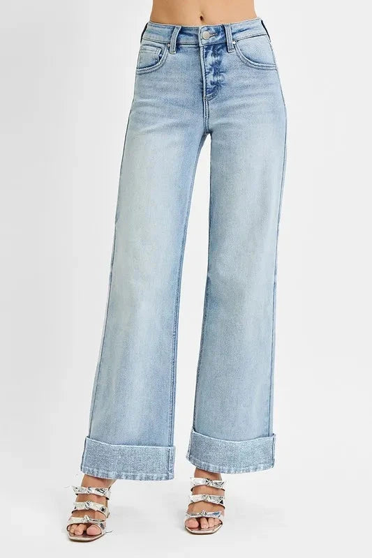 RISEN Full Size Tummy Control High Rise Ankle Wide Cuffed Jeans Plus Size jehouze 