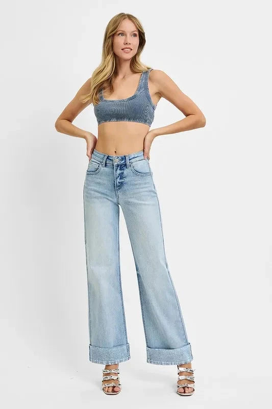 RISEN Full Size Tummy Control High Rise Ankle Wide Cuffed Jeans Plus Size jehouze 