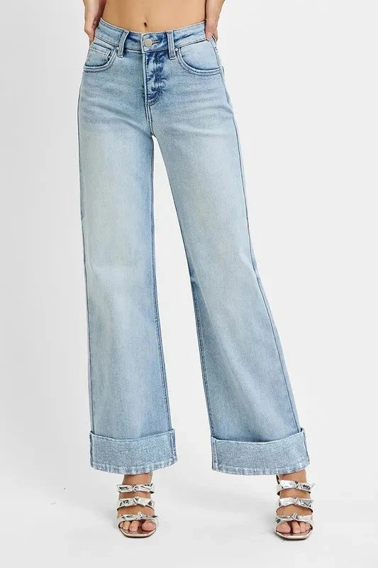 RISEN Full Size Tummy Control High Rise Ankle Wide Cuffed Jeans Plus Size jehouze 