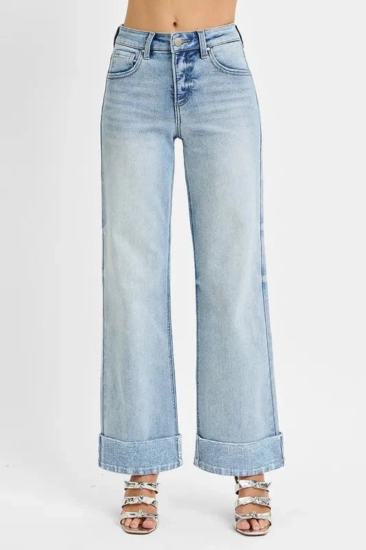 RISEN Full Size Tummy Control High Rise Ankle Wide Cuffed Jeans Plus Size jehouze Light 0 