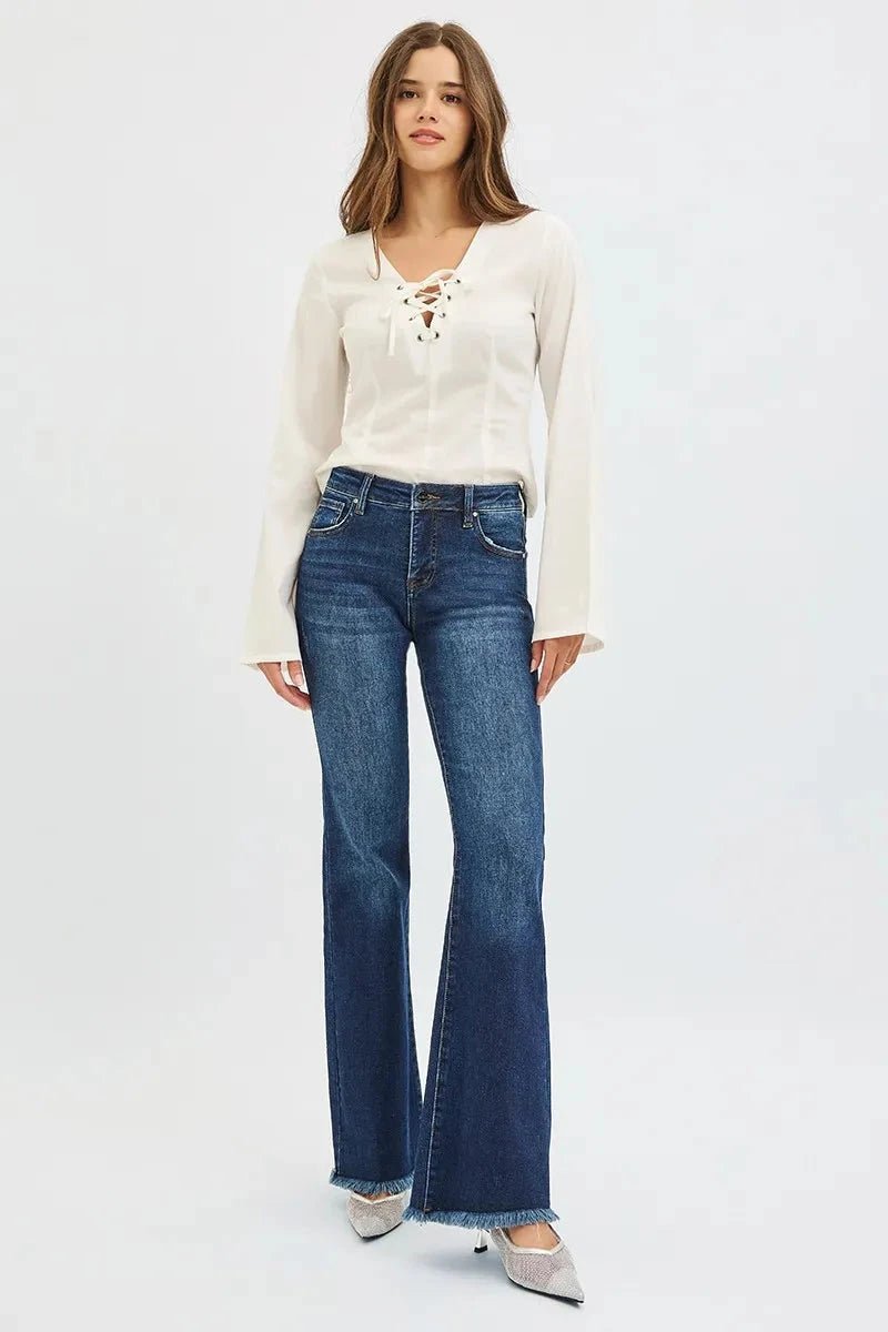 RISEN Full Size Tummy Control Mid Rise Flare Jeans Plus Size jehouze 