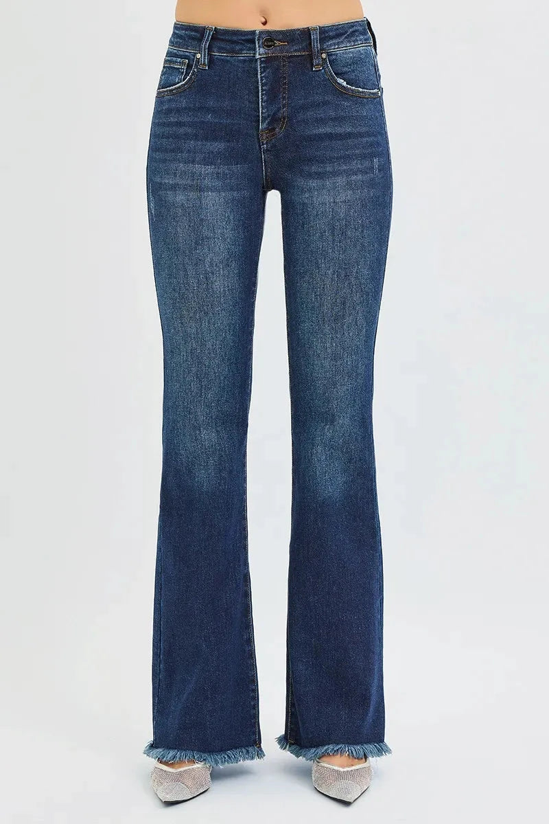 RISEN Full Size Tummy Control Mid Rise Flare Jeans Plus Size jehouze DARK 0 