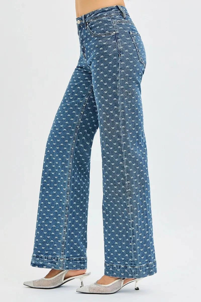 RISEN High Rise Wide Leg Bow Embroidered Jeans Pants jehouze 