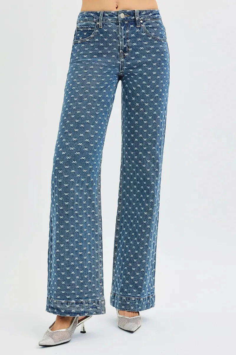 RISEN High Rise Wide Leg Bow Embroidered Jeans Pants jehouze 