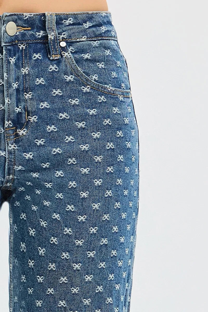 RISEN High Rise Wide Leg Bow Embroidered Jeans Pants jehouze 