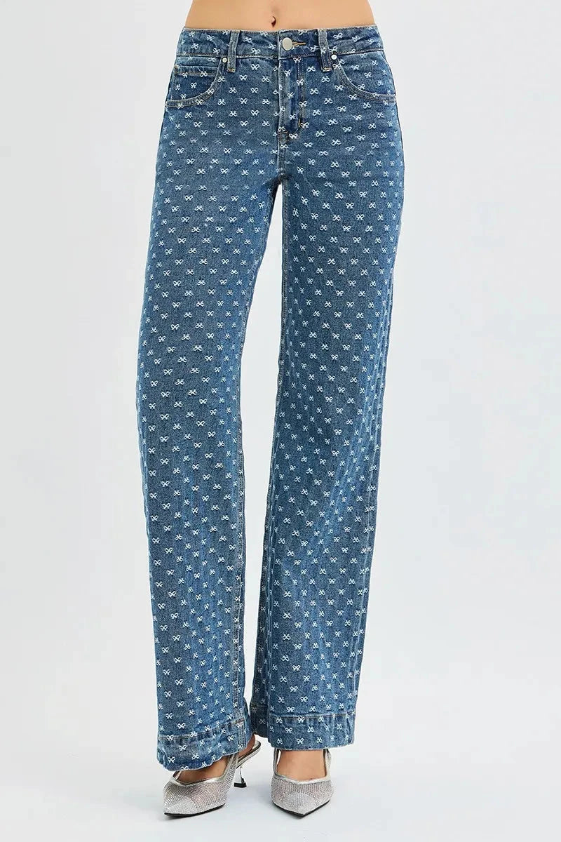 RISEN High Rise Wide Leg Bow Embroidered Jeans Pants jehouze 