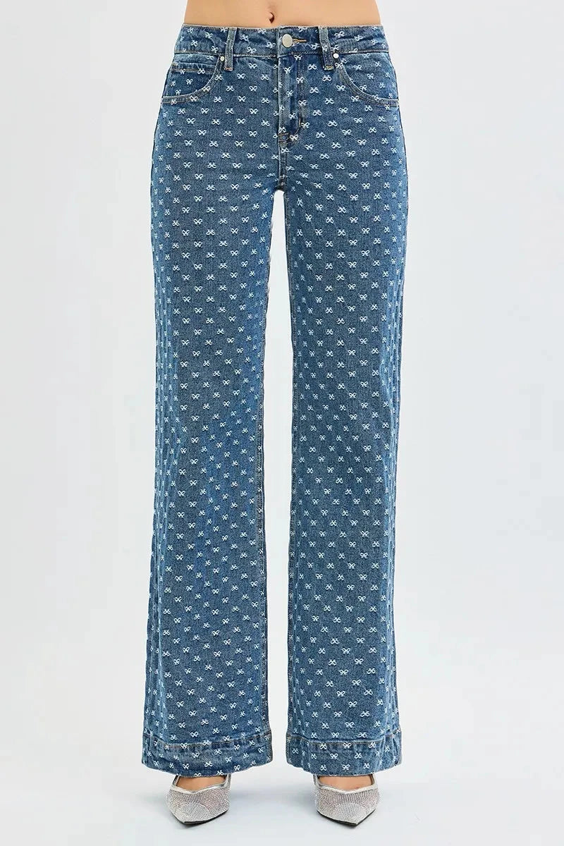 RISEN High Rise Wide Leg Bow Embroidered Jeans Pants jehouze 