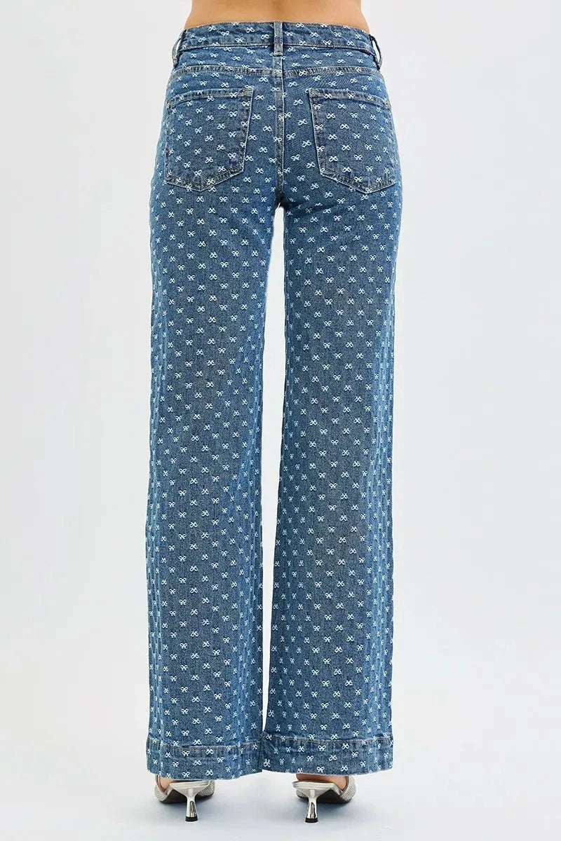RISEN High Rise Wide Leg Bow Embroidered Jeans Pants jehouze 