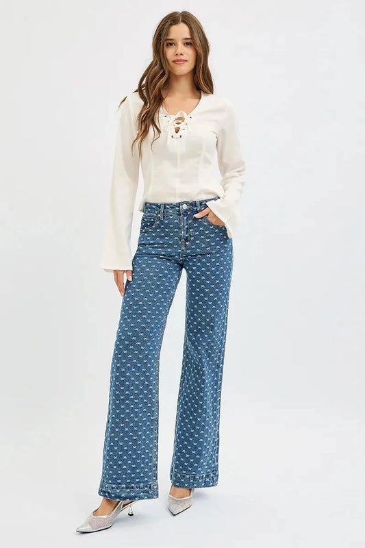 RISEN High Rise Wide Leg Bow Embroidered Jeans Pants jehouze DARK 0 