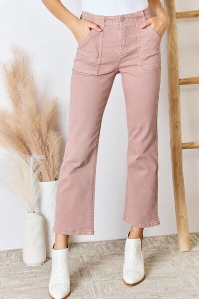 RISEN Coral Orange Pink High Waist Side Slit Raw Hem Flare Jeans