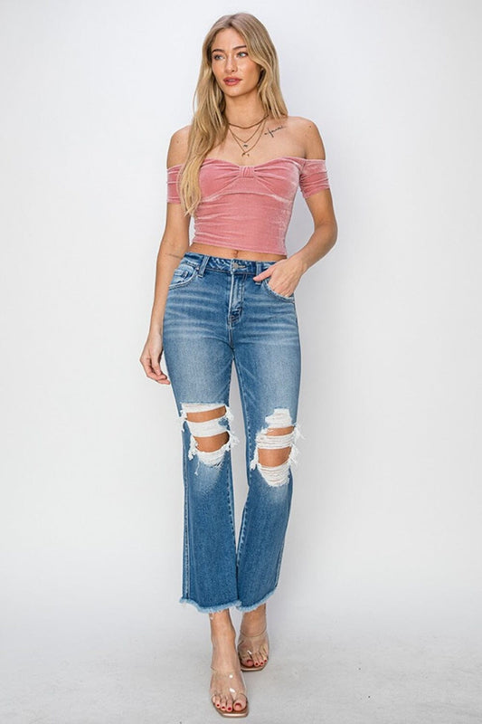 RISEN Medium Blue Mid Rise Distressed Cropped Flare Jeans jeans jehouze 