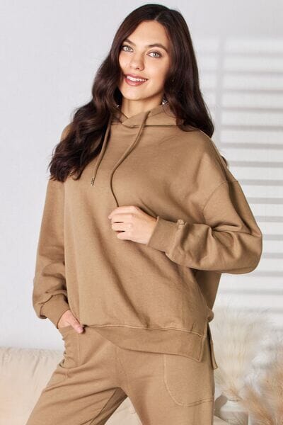 RISEN Mocha Drawstring Drop Shoulder Long Sleeve Hoodie Top Shirts & Tops jehouze 