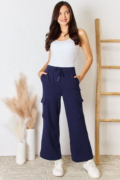 RISEN Navy blue Drawstring Relaxed Cargo Wide Leg Pants Pants jehouze 