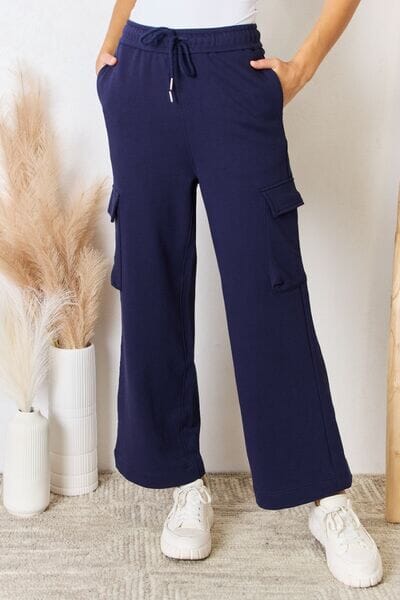 RISEN Navy blue Drawstring Relaxed Cargo Wide Leg Pants Pants jehouze Navy S 