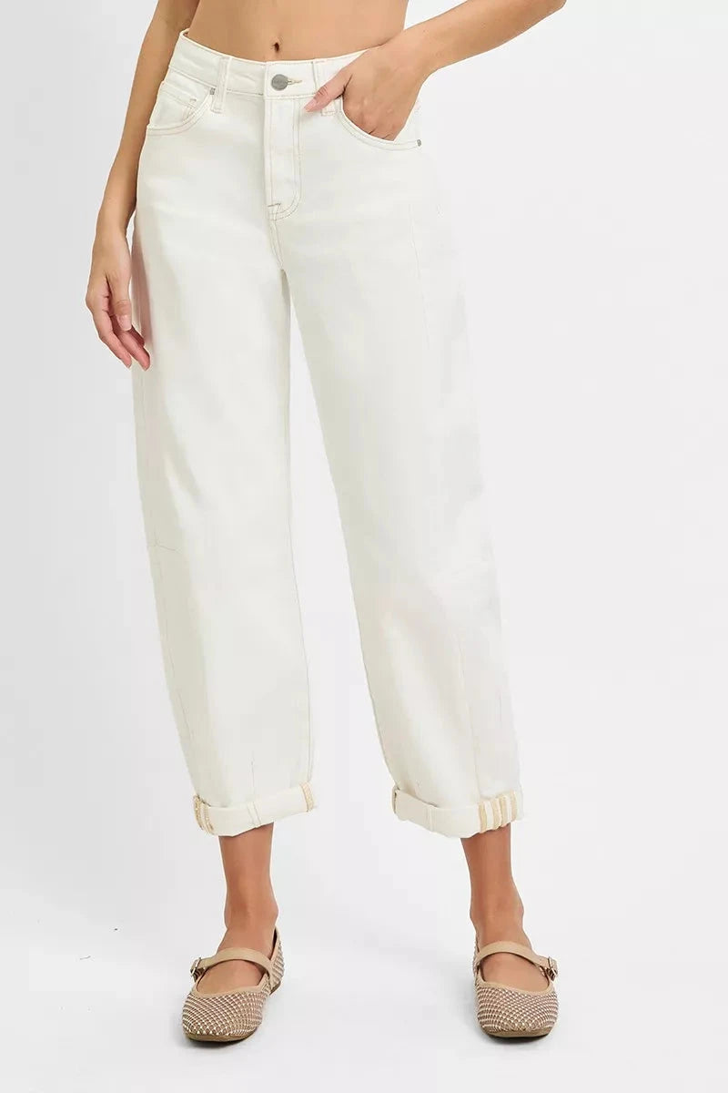 RISEN Plus Size High Rise Barrel Cropped Jeans Pants jehouze 