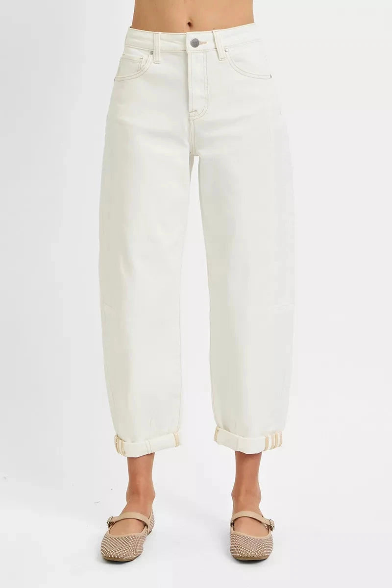 RISEN Plus Size High Rise Barrel Cropped Jeans Pants jehouze 