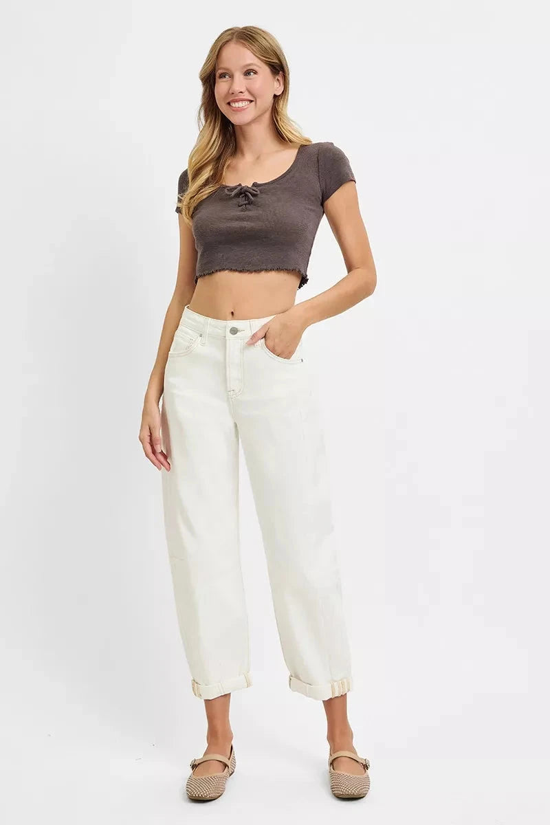 RISEN Plus Size High Rise Barrel Cropped Jeans Pants jehouze CREAM 0 
