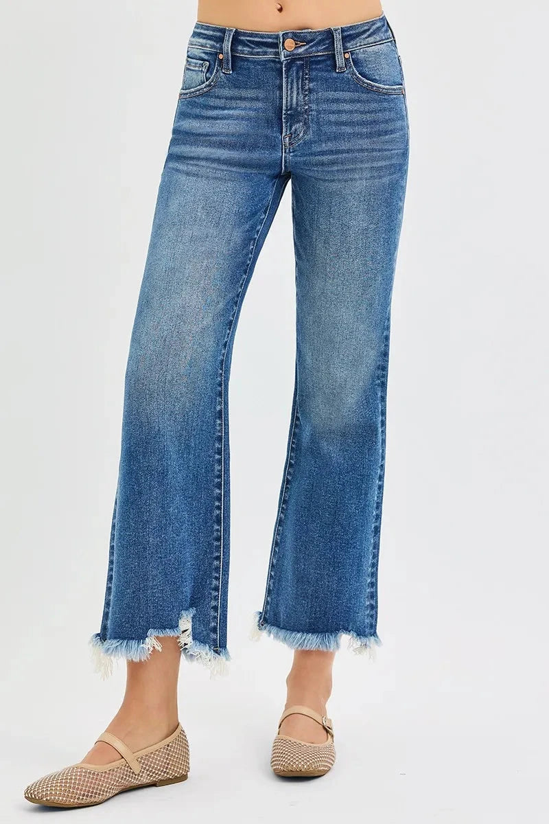 RISEN Plus Size Mid Rise Crop Straight Jeans Pants jehouze 