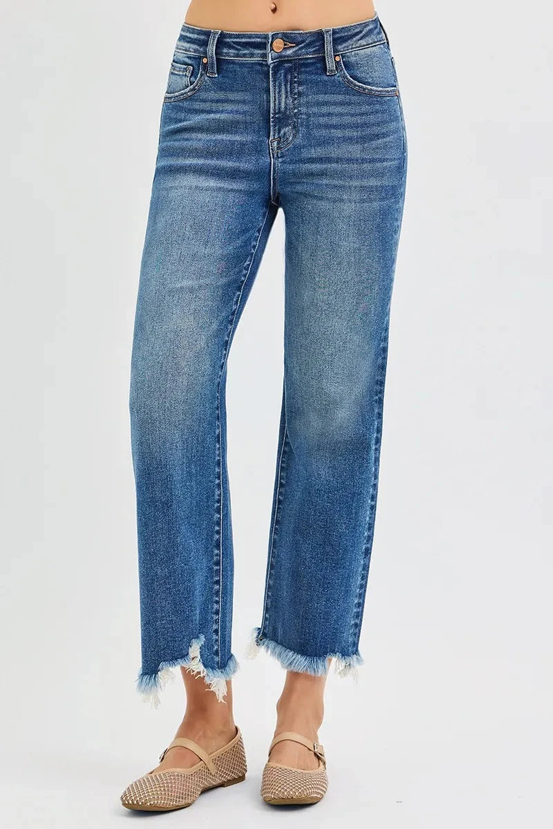 RISEN Plus Size Mid Rise Crop Straight Jeans Pants jehouze 