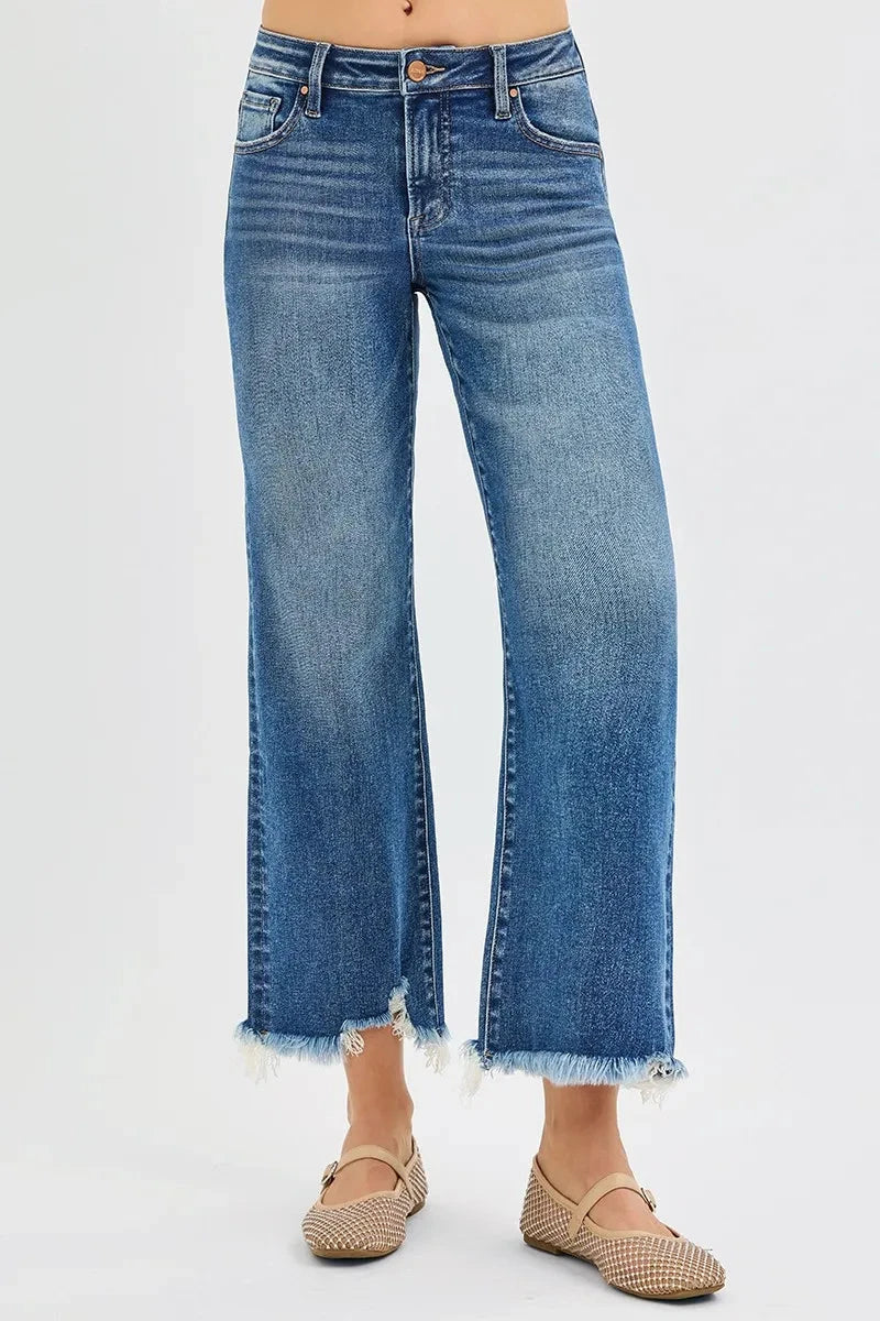 RISEN Plus Size Mid Rise Crop Straight Jeans Pants jehouze 