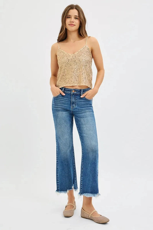 RISEN Plus Size Mid Rise Crop Straight Jeans Pants jehouze DARK 0 
