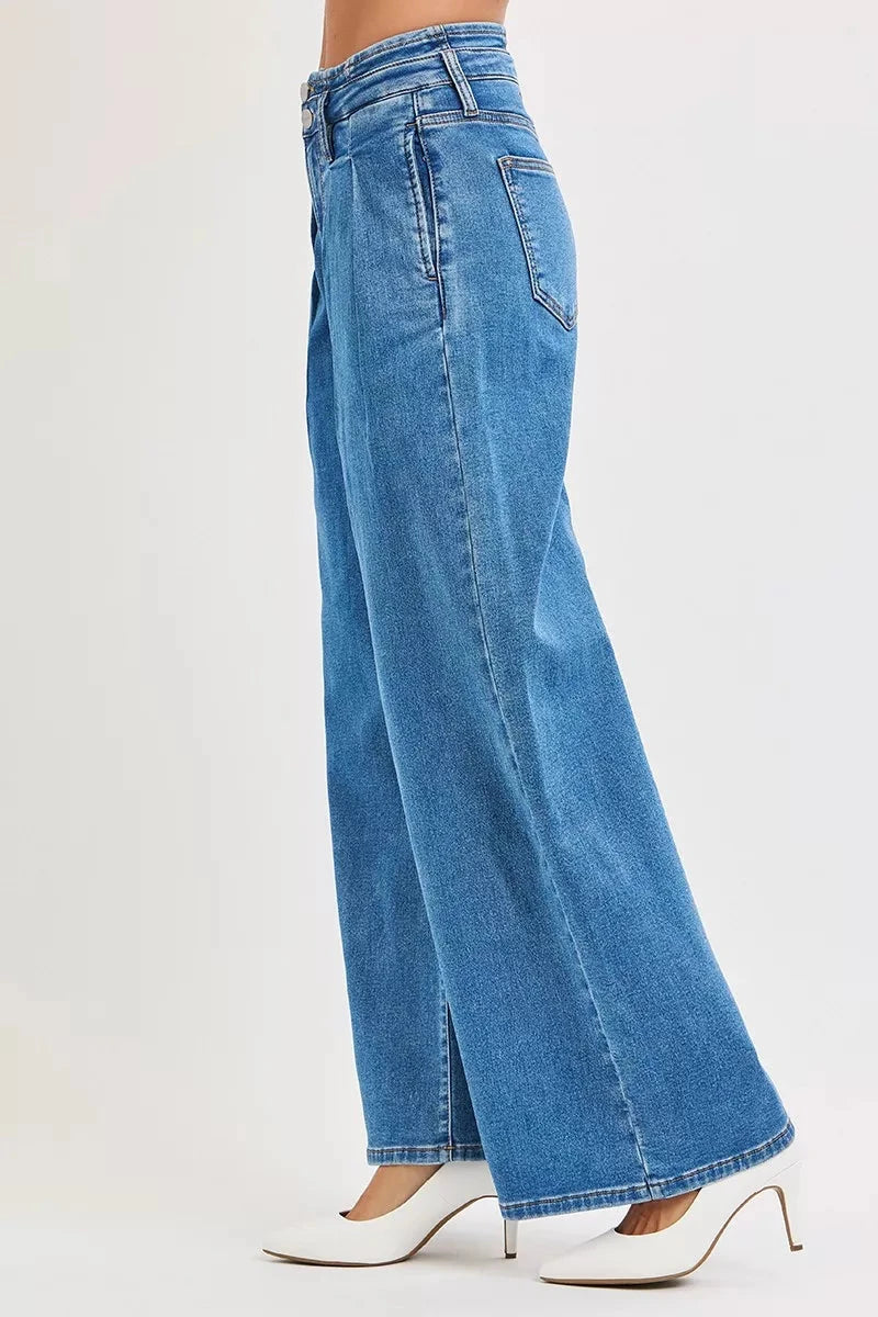 RISEN Plus Size Mid Rise Fit Wide Leg with Pleated Detail Jeans pant jehouze 
