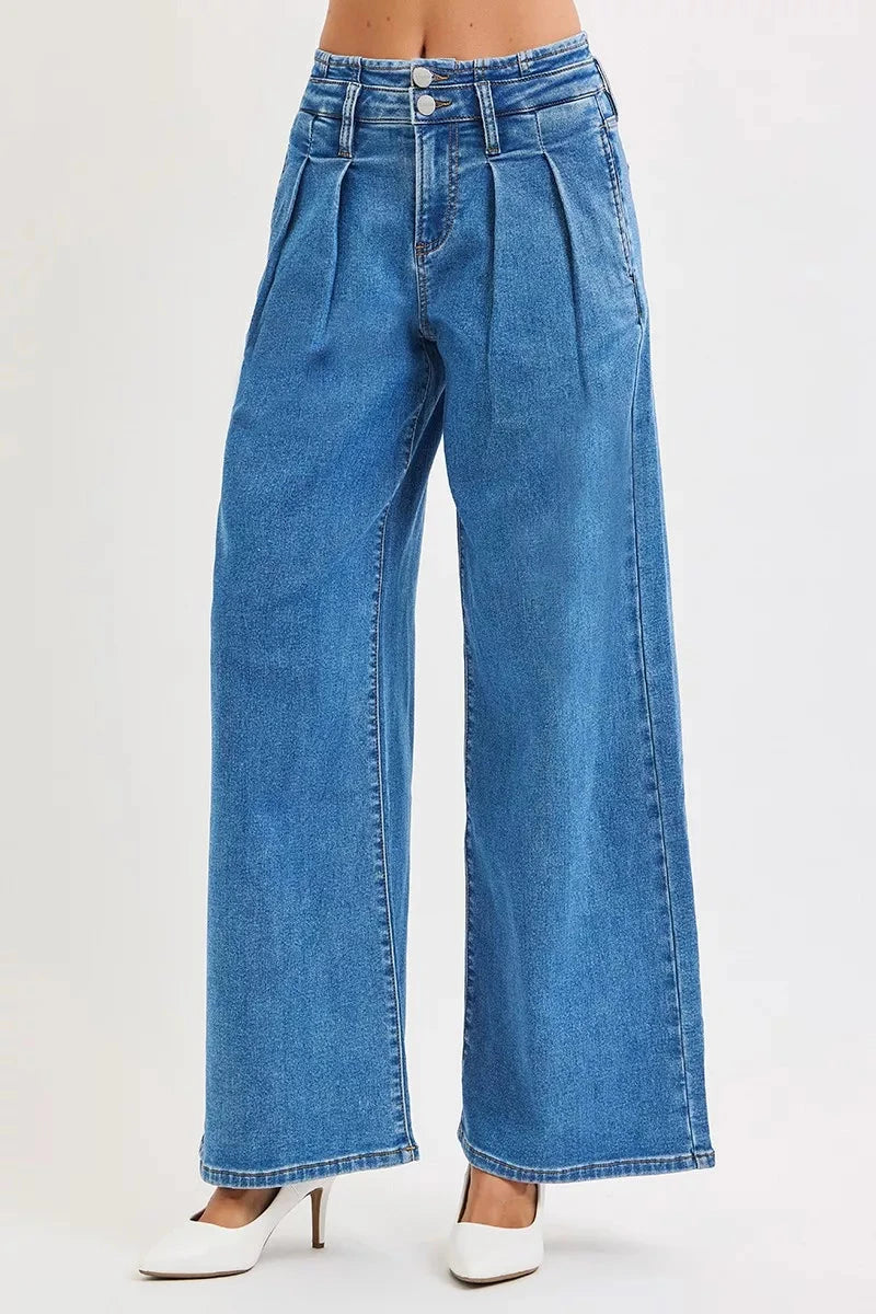 RISEN Plus Size Mid Rise Fit Wide Leg with Pleated Detail Jeans pant jehouze 