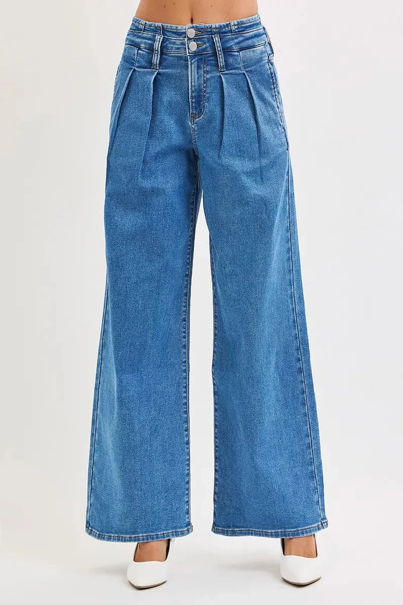 RISEN Plus Size Mid Rise Fit Wide Leg with Pleated Detail Jeans pant jehouze 