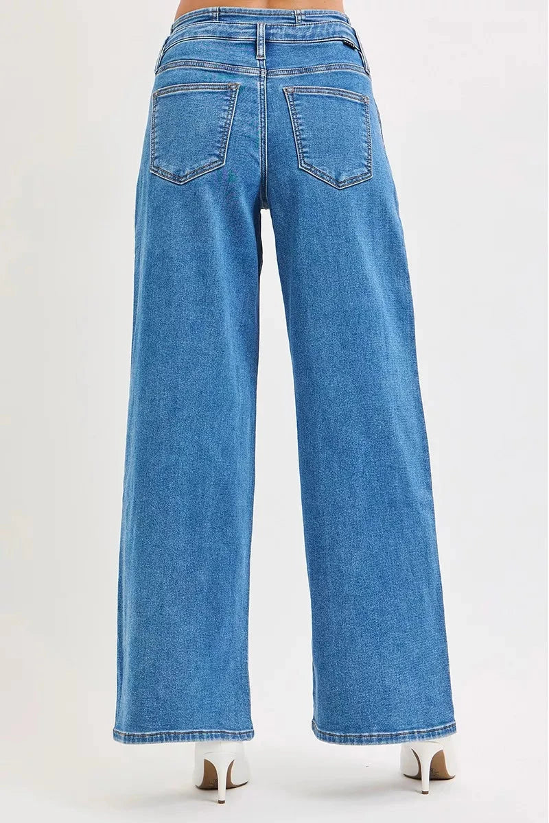 RISEN Plus Size Mid Rise Fit Wide Leg with Pleated Detail Jeans pant jehouze 