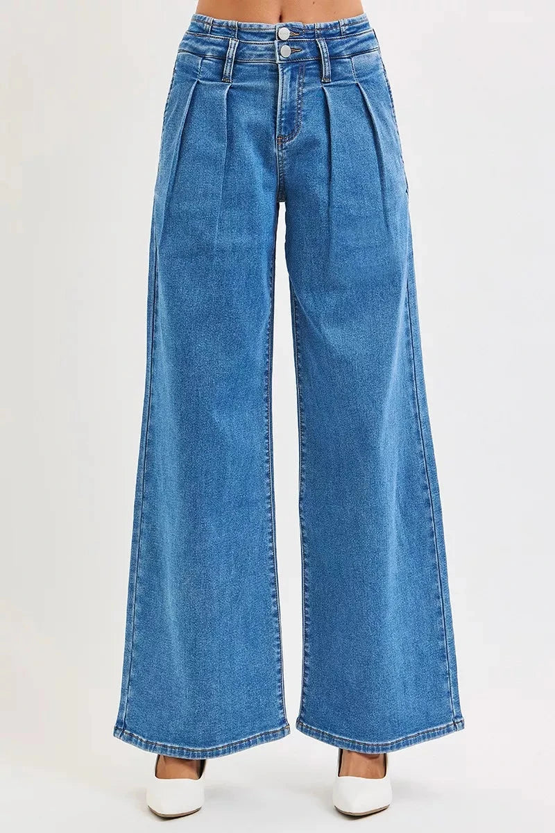 RISEN Plus Size Mid Rise Fit Wide Leg with Pleated Detail Jeans pant jehouze 