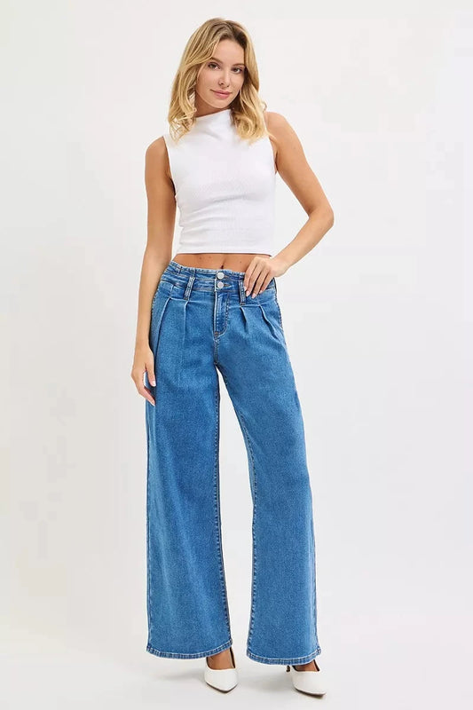 RISEN Plus Size Mid Rise Fit Wide Leg with Pleated Detail Jeans pant jehouze MEDIUM 0 
