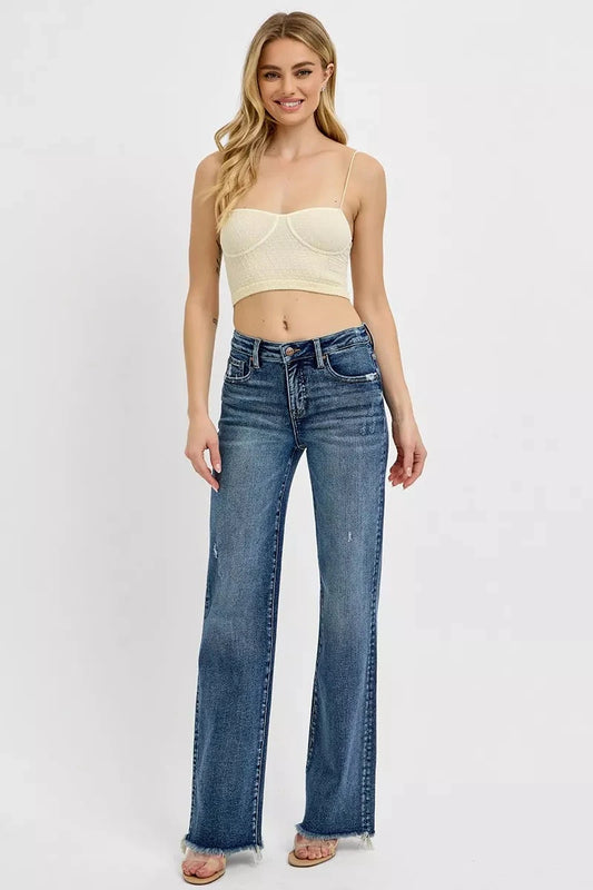 RISEN Plus Size Tummy Control High Rise Long Straight Jeans pant jehouze DARK 0 